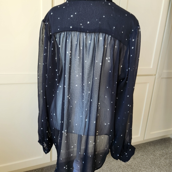Lovestitch Star Print Black White Long Sleeve Sheer Blouse Top Button Medium - Picture 3 of 15